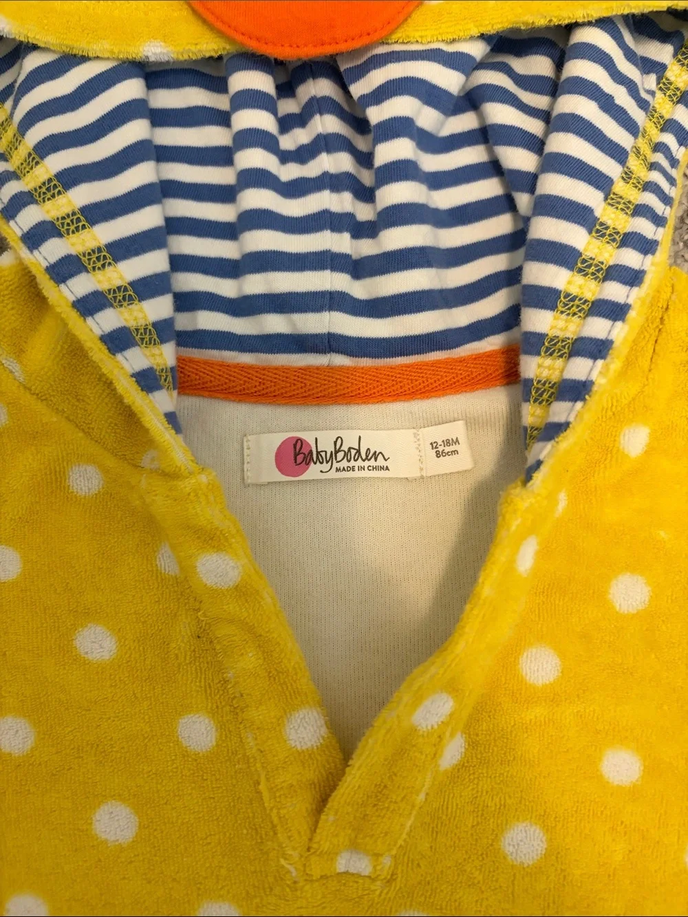 Baby Boden Yellow Polka Dot Duck Hooded towel 12-18 months